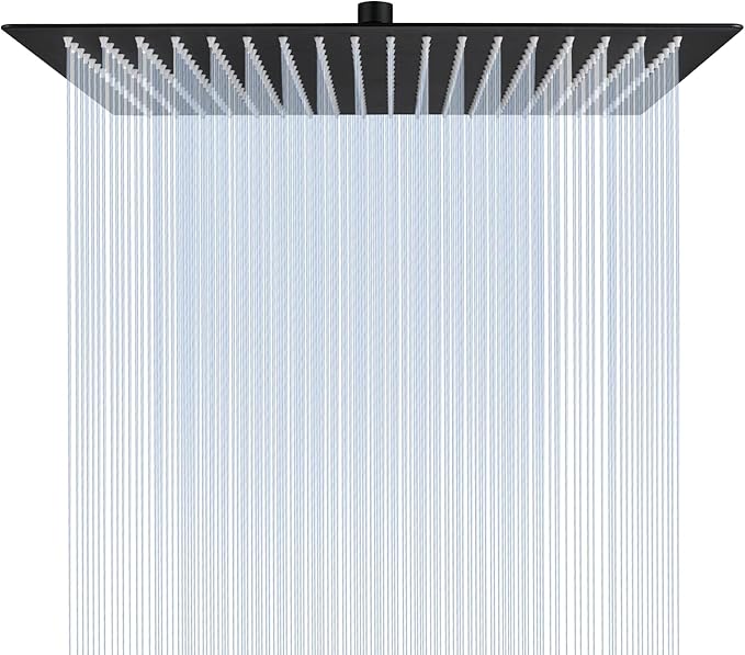 16 Inch Square Rain Shower Head | 304 Stainless Steel, 324 Jets, Ultra Thin High Pressure Bathroom Rainfall Showerhead, Matte Black
