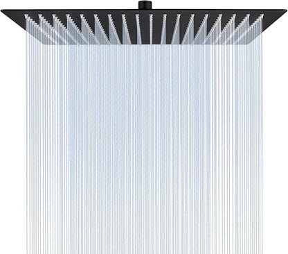 16 Inch Square Rain Shower Head | 304 Stainless Steel, 324 Jets, Ultra Thin High Pressure Bathroom Rainfall Showerhead, Matte Black