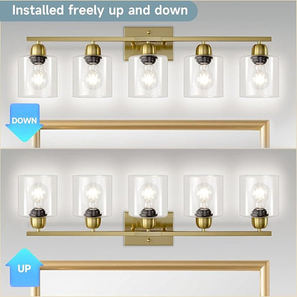 Modern Brushed Gold 5 Light Bathroom Vanity Light,31 inch Vanity Lights for Bathroom with Clear Glass for Mirror Kitchen Living Room Hallway Cabinet Porch