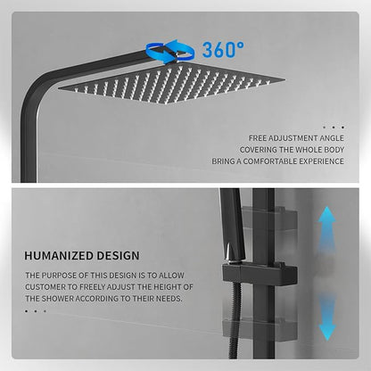 BWE Black Outdoor Shower Fixtures 10 Inch Rain Shower Head with Handheld Spray Dual Functions Exposed Shower System Wall Mount Outdoor Shower Kit for Bathroom or Backyard