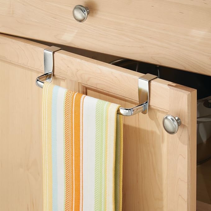 mDesign Steel Metal Wire Over Cabinet Towel Rack Storage Organizer - Hang on Cabinet or Door - Towel Bar Holder for Kitchen - Holds Hand Towels, Washcloths - Spira Collection - Chrome