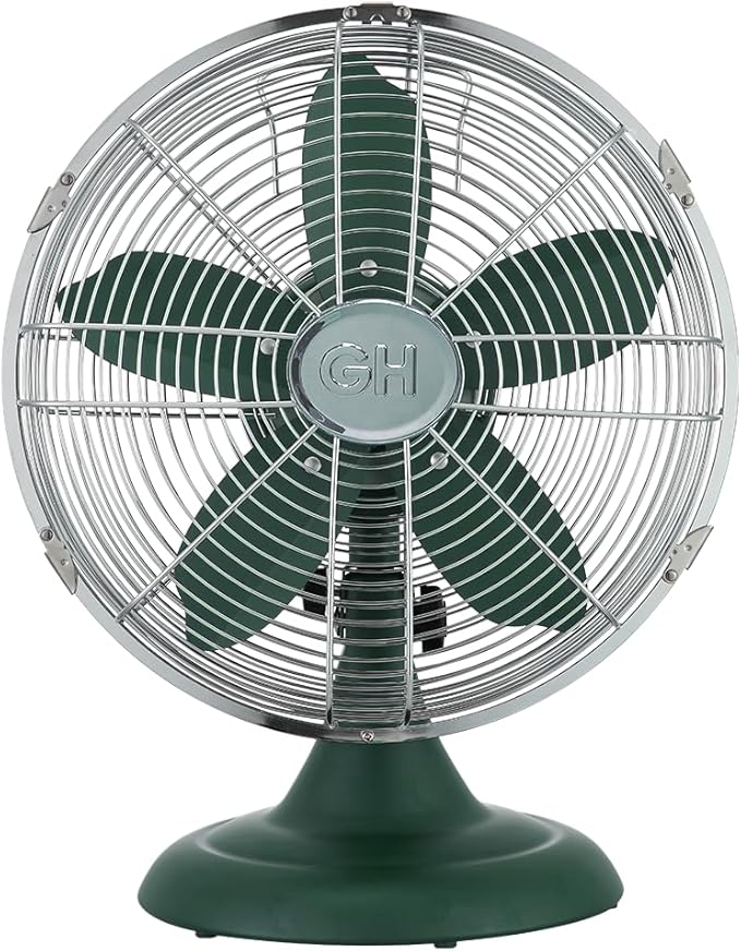 Good Housekeeping 92617 All-Metal 12" Retro Desk Office Table Fan with Wide Oscillation, 3-Speed Settings & Carrying Handle, Alpine Green