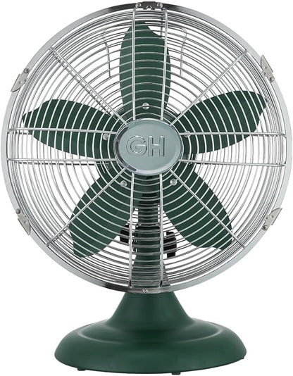 Good Housekeeping 92617 All-Metal 12" Retro Desk Office Table Fan with Wide Oscillation, 3-Speed Settings & Carrying Handle, Alpine Green