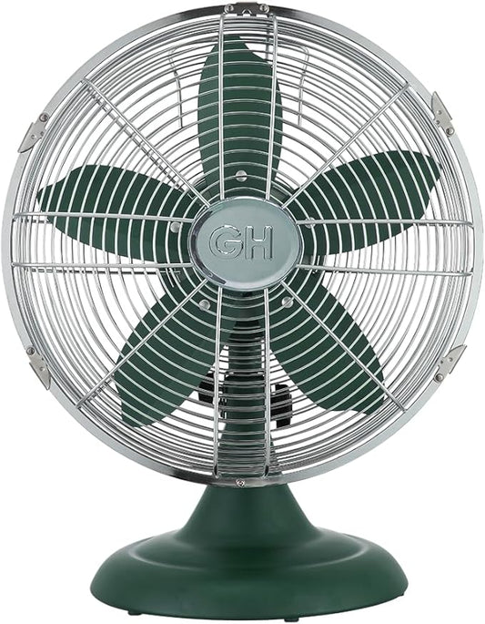 Good Housekeeping 92617 All-Metal 12" Retro Desk Office Table Fan with Wide Oscillation, 3-Speed Settings & Carrying Handle, Alpine Green