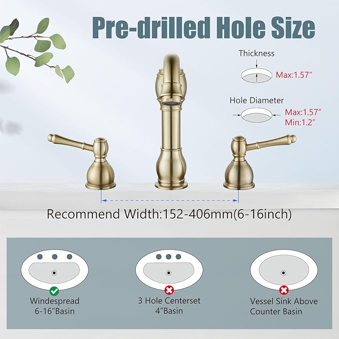 Aolemi 8 Inch Widespread Bathroom Sink Faucet 3 Hole Deck Mount Vanity Basin Mixer Tap with Pop Up Drain Assembly Brushed Gold Double Lever Handle
