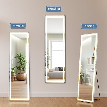 DUMOS 16" x 60" LED Full Length Mirror with Lights, Lighted Floor Full Body Mirrors with 3 Color Lighting, Wall Mounted Stand Mirror for Bedroom, Dressing Room, Living Room, Bathroom