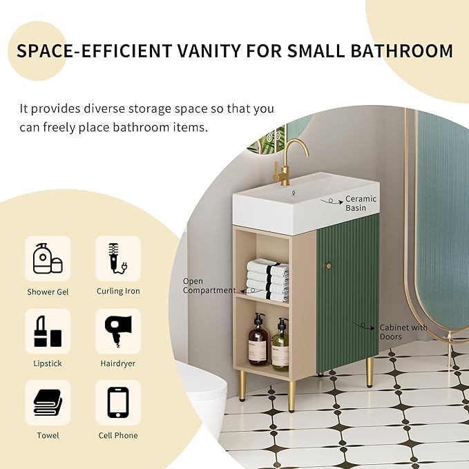Merax 20 Inch Bathroom Vanity with Sink, Narrow Depth Bathroom Vanities,Wood Vanity Cabinet,Soft Closing Door,Freestanding Sink Cabinet W/Open Side Shelves, Dark Green