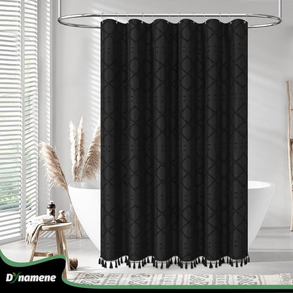 Stall Boho Farmhouse Shower Curtain Tufted Geometric 54"x78" Black | 54 x 78 inch Long, Elegant Tassel, Lightweight Textured Fabric, Water Repellent, Washable, for Narrow Bathroom/Dorm 10 Hooks