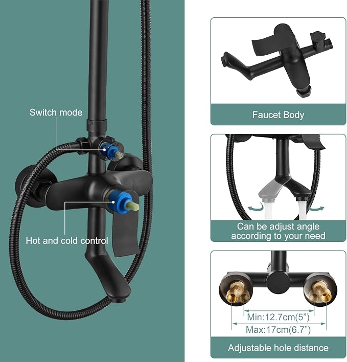 Heyalan 8-Inch Exposed Shower System with Handheld, Tub Spout, Matte Black | 3-function exposed shower system with 8-inch rainfall head, handheld shower, tub spout, adjustable slide bar, 1.8 GPM