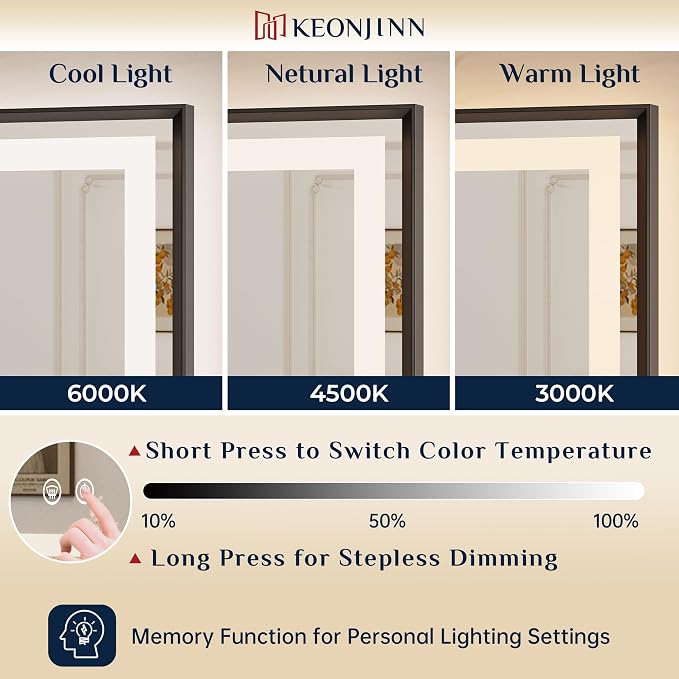 Keonjinn 40x30 Inch Black LED Bathroom Mirror with Lights, Beveled Edge | Frontlit & Backlit, Lighted Bathroom Mirror, HD Tempered Glass, 3 Color Temperatures, Anti-fog, Stepless Dimmable