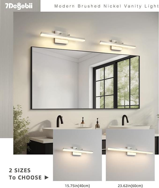 Brushed Nickel Vanity Lights - Dimmable 5CCT Bathroom Lighting Fixtures Over Mirror, Adjustable Angle Wall Light, 15.75" Long 12W LED Bar Light