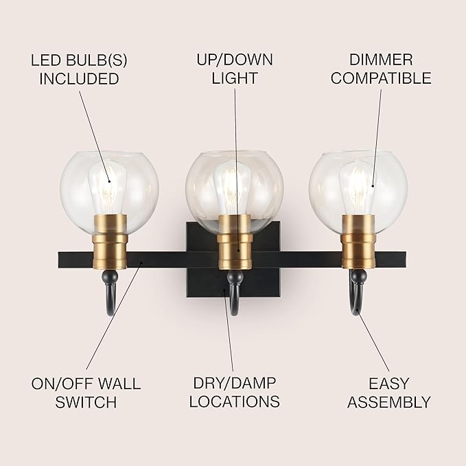 JONATHAN Y 21.5" Black/Brass Gold Vintage Wall Sconce, LED Vanity Light for Bathroom Bedroom Entryway, Clear Glass Globe Shade, Modern Industrial Arched Lamp, LED Bulb Included (JYL3528A)