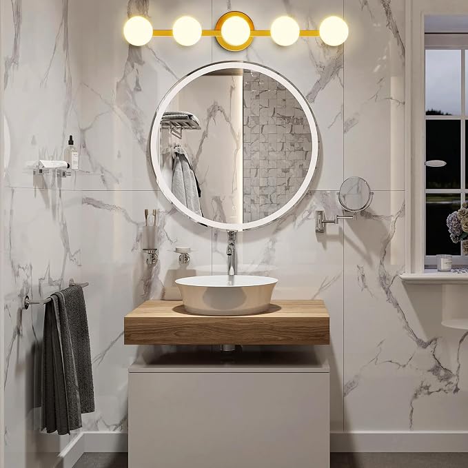 Lightdot 5 Light Bathroom Vanity Light, 31" Modern Gold Vanity Lights with Globe Water/Shatterproof PC Lampshade, Rust-Proof Bathroom Light Fixtures Over Mirror for Kitchen Hallway Cabinet Porch