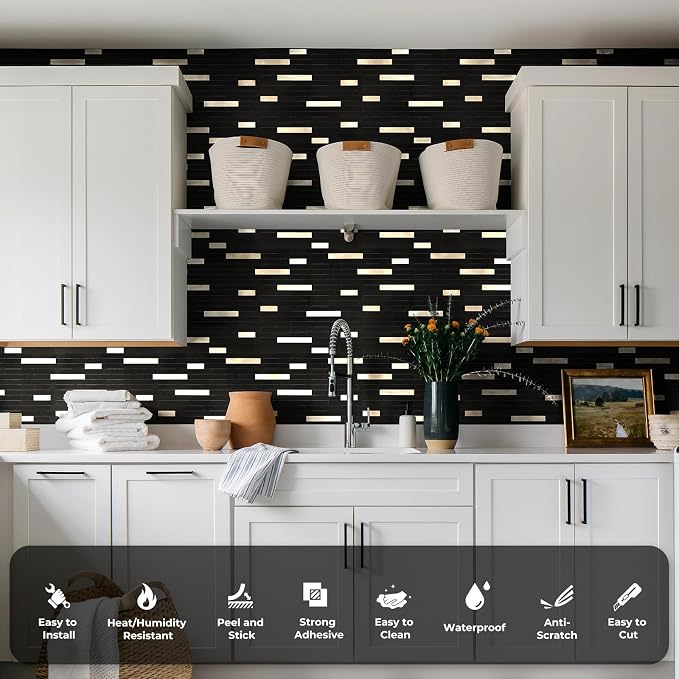 STICKGOO Peel and Stick Backsplash Tile, Stick on Backsplash for Kitchen and Bathroom, Black Mixed Gold Metal Composite Self Adhesive Wall Tiles(10 Sheets)