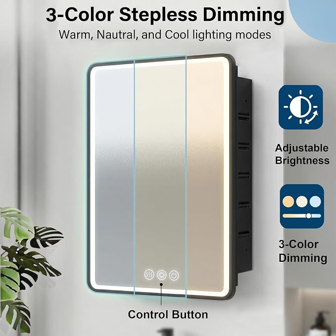 LED Medicine Cabinet with Mirror 16x24 inch, Lighted Cabinet Mirror for Bathroom Storage, Anti-Fog, 3 Colors Dimmable, Black Metal Frame with Adjustable Shelves, Wall Mount or Recessed