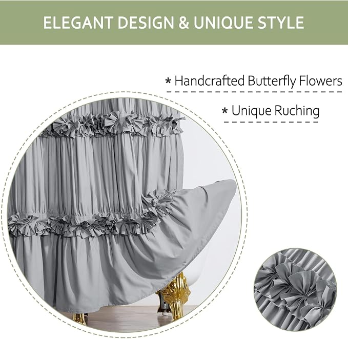 Homechoice Decor Handcrafted Bow Tie Victorian Shower Curtain 72" W x 84" H | Vintage Ruffle Bath Curtain for Master Bathroom, Ruched Microfiber Bathroom Curtain with 12 Buttonholes, Gray (LQ-10)
