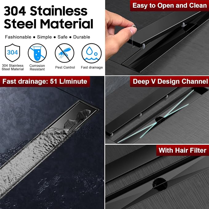 DLONE® Linear Shower Drain - 36 Inch Matte Black, with Tile Insert Pane | AISI 304 Stainless Steel Linear Drain, Rectangle Shower Floor Drain, with Adjustable Feet, Fits Bathroom & Balcony etc
