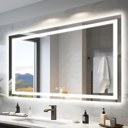 EchosLife 57"x36" Light Mirror for Bathroom | Backlit + Front Lit, Anti-Fog, Stepless Dimmable, 3 Colors, Memory, Tempered Glass, UL Listed, Horizontal/Vertical