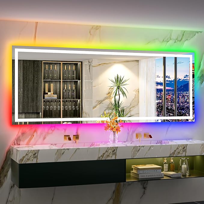 96x36 LED Bathroom Mirror with Lights, RGB Backlit Lighted Mirror | Backlit and Front Light, Anti-Fog, 3 Color Dimmable, Memory, Tempered Glass, IP54 Waterproof, UL Listed