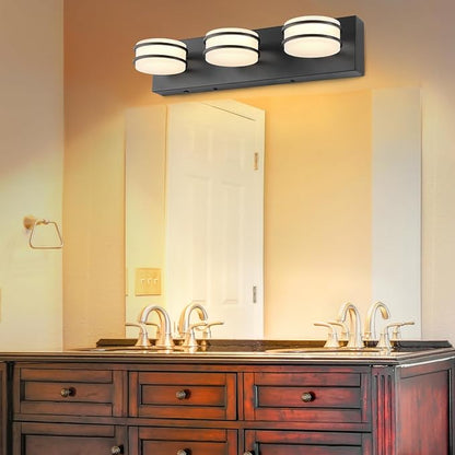 GOODATE 3 Color Temperature Dimmable Bathroom Light Fixtures Over Mirror, LED Black 3 Light Vanity Lighting Fixtures, Acrylic Stainless Steel Oval Shade Vanity Lights for Bathroom, ETL Certificated