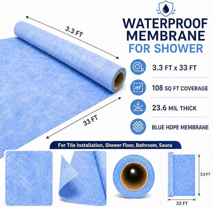 Shower Waterproofing Membrane Roll, 3.3x33 FT, 108 Sq Ft, 23.6 Mil | Blue HDPE membrane for tile shower walls, floors, bathrooms and saunas; bonds with thin-set mortar for reliable installation