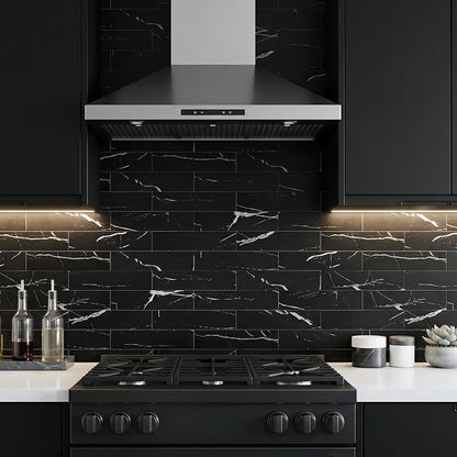 80-Piece Black Marquina Peel and Stick Backsplash Tile, 2"x 8" PVC Subway Tiles, Stick on Backsplash for Kitchen/Bathroom/Fireplace