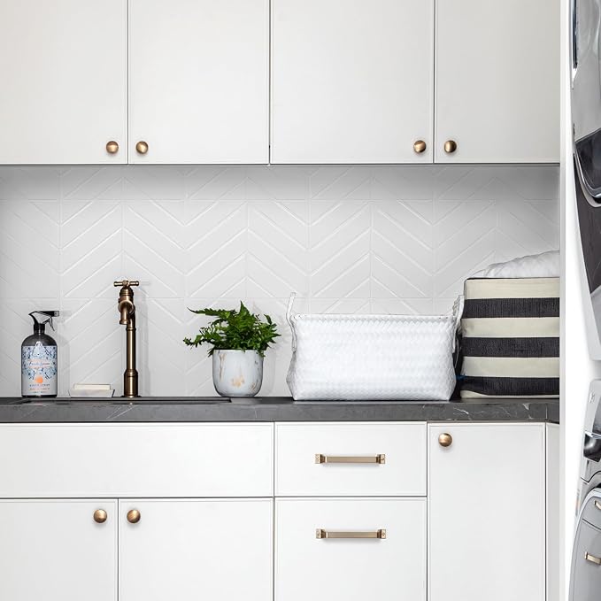 STICKGOO Herringbone Peel and Stick Backsplash, Pure White, 10 Sheets | 12.6 x 9.7 in, Thicker Rectangular Vinyl Stick-On Wall Tiles, Easy Alignment, Waterproof, Easy to Clean, Kitchen/Bathroom