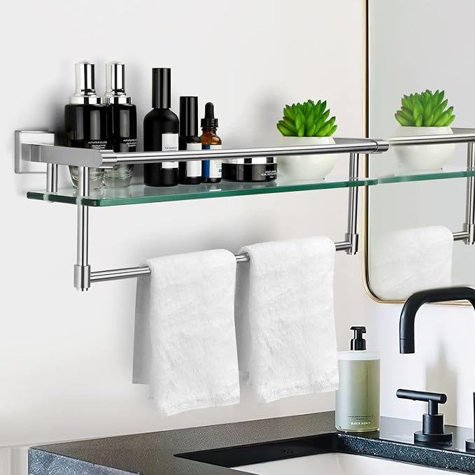 Glass Bathroom Shelf with Towel Bar, Stainless Steel Tempered Towel bar/Track Glass Bathroom Shelves Wall Mount Over The Toilet (Brushed Nickel, 20-inch)