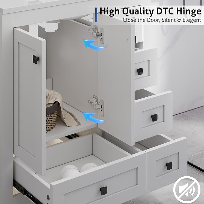 LUCKWIND 30" Bathroom Vanity and Sink Combos, Modern Bathroom Storage Painted Cabinet with Undercounter Resin Single Sink Top, Matte Black Faucet and 5 Drawers, Mirror Not Included, White