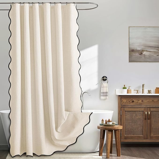 MIULEE 72"x84" Extra Long Scalloped Linen Shower Curtain Ivory | Linen Textured, Waterproof, Washable, 12 Metal Hooks, Heavy Duty Cloth, Black Border, Shower Curtain for Bathroom Bathtub