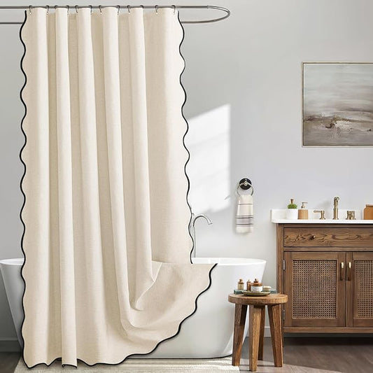 MIULEE 72"x84" Extra Long Scalloped Linen Shower Curtain Ivory | Linen Textured, Waterproof, Washable, 12 Metal Hooks, Heavy Duty Cloth, Black Border, Shower Curtain for Bathroom Bathtub