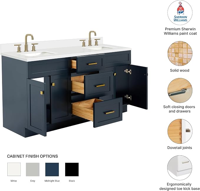 Bradford 66" Midnight Blue Double Bathroom Vanity, 1.5" Pure White Quartz Countertop, Double Rectangular Undermount Sinks, Soft-Close Doors, Dovetail Drawers, Satin Brass