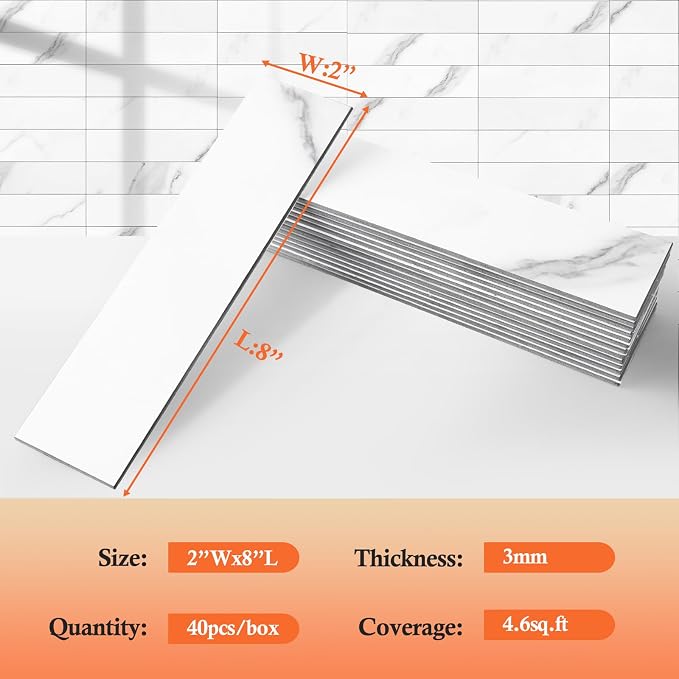 80-Piece Marble White Thick PVC Peel and Stick Backsplash, 2" x 8" Waterproof Subway Tile Peel and Stick Wall Tiles for Kitchen and Bathroom