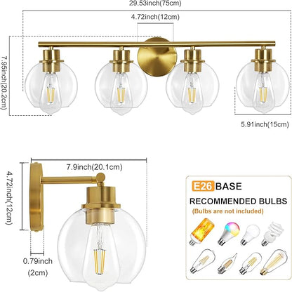 Bathroom Vanity Light, 29.5 Inch Modern Wall Sconce with Clear Glass Shade, 4-Light Gold Over Mirror Vanity Lighting for Bathroom