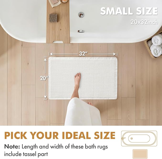 MIULEE Set of 2 Waffle Bathroom Rugs Boho Bath Mat White 20x32 Inch | Non Slip, Super Absorbent, Washable, Ultra Soft, Rubber Backed Bath Rugs for Bathroom Floor Tub Shower