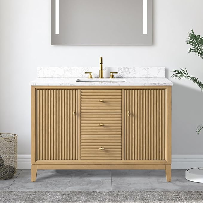Vanity Art 48" Bathroom Vanity with Single Sink & Arabescato White Engineered Stone Top, Vanity Cabinet with Soft Closing Door, Solid Wood Frame, Golden Brushed Handles, Natural Oak VA8148-NO-GB