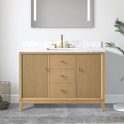 Vanity Art 48" Bathroom Vanity with Single Sink & Arabescato White Engineered Stone Top, Vanity Cabinet with Soft Closing Door, Solid Wood Frame, Golden Brushed Handles, Natural Oak VA8148-NO-GB