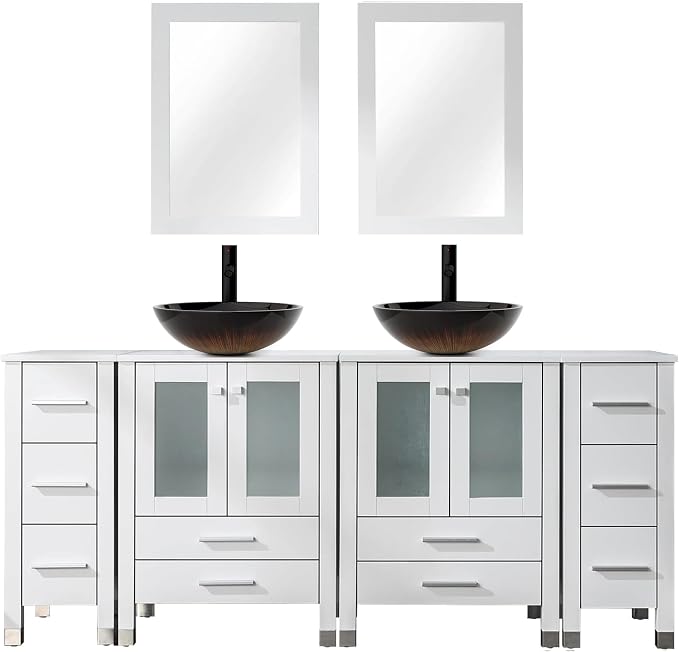 LUCKWIND 72" Bathroom Vanity Sink Combo, Double 24" Main Cabniets with Two 12.6" Side Cabinets, Painted Bathroom Storage Cabinet, Including Black Bowl Sinks, Faucets Without Mirror, White
