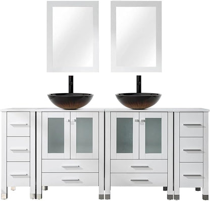 LUCKWIND 72" Bathroom Vanity Sink Combo, Double 24" Main Cabniets with Two 12.6" Side Cabinets, Painted Bathroom Storage Cabinet, Including Black Bowl Sinks, Faucets Without Mirror, White
