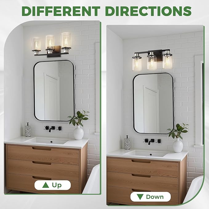 DORESshop 17 Inch Bathroom Light Fixtures, 3-Light Black and Chrome Bathroom Lighting Fixtures Over Mirror with Clear Glass Shade, Vanity Lights for Living Room Bedroom