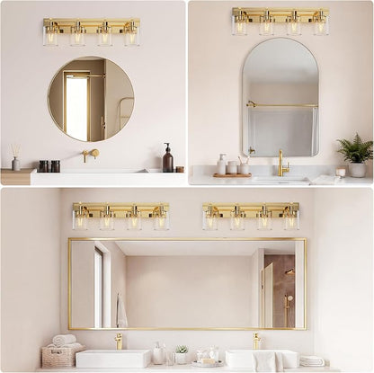 4-Light 30inch Brushed Gold Vanity Light, Thickened Clear Glass | Over Mirror for Bathroom, Rust Resistant, E26 Base, Easy Install, Removable Glass Shade Horizontal Mount, Dimmable