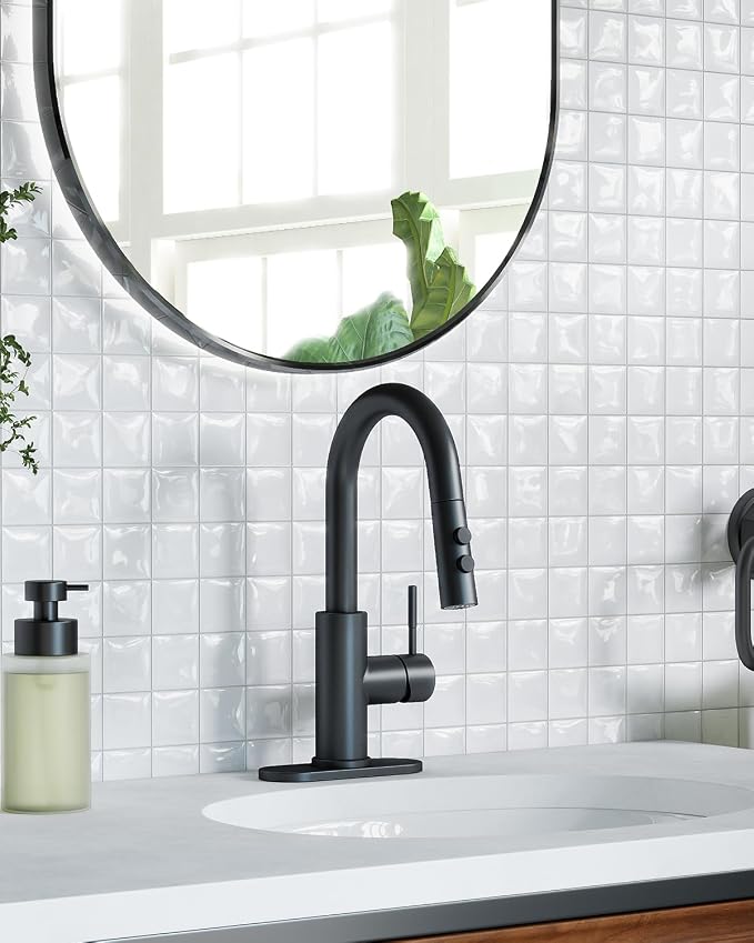 Bathroom Faucets with Pull Down Sprayer, Bar Sink Faucet Single Hole for Kitchen Campers with Pop-Up Drain Hose, Suitable for Farmhouse Vanity Lavatory