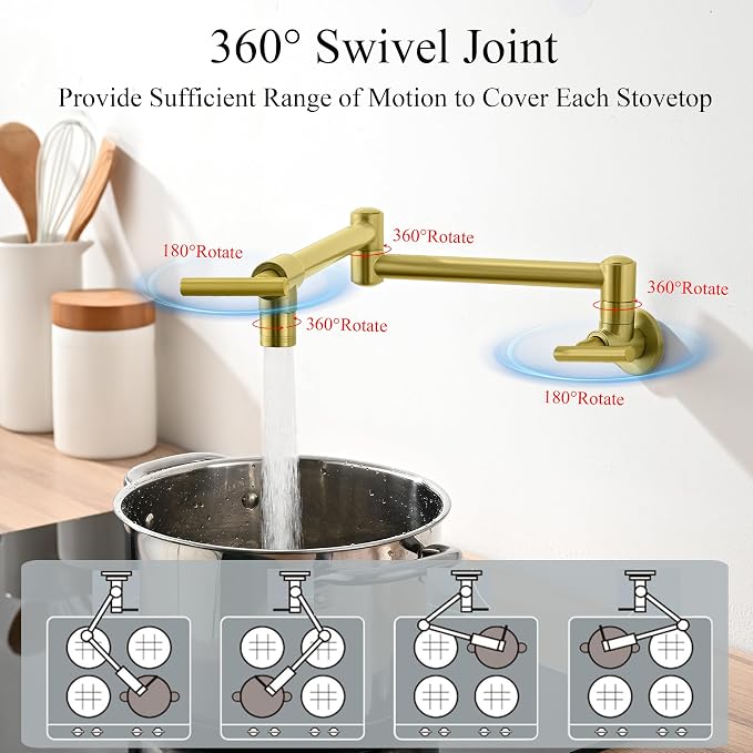 Pot Filler Faucets - for Kitchen, Sink, Stove and Bar with Brass Wall Mount Double Joint Swing Arms - Leak Free Designs with High-Flow Aerators - Retractable and Folding Save Space - Brushed Gold