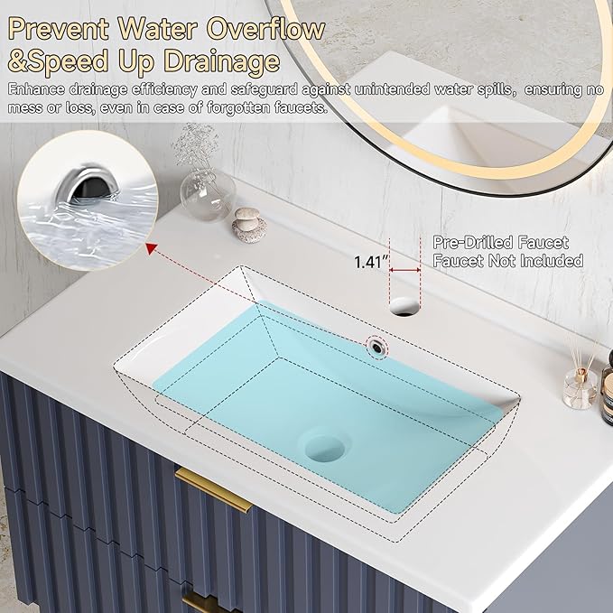 ONBRILL 30 Inch Bathroom Vanity with Sink Combo, Floating Bathroom Vanity with 2 Fluted Drawers & Metal Handle, Modern Wall Mount Storage Cabinet with Ceramic Integrated Sink for Small Space (Blue)