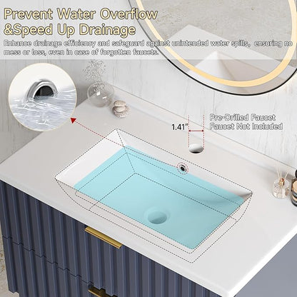 ONBRILL 30 Inch Bathroom Vanity with Sink Combo, Floating Bathroom Vanity with 2 Fluted Drawers & Metal Handle, Modern Wall Mount Storage Cabinet with Ceramic Integrated Sink for Small Space (Blue)