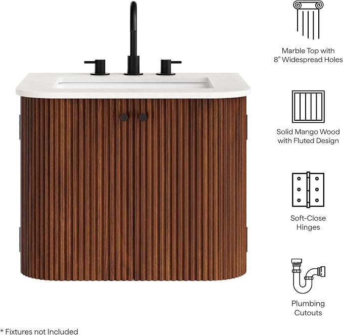 Modway Zia 24 inch Wall-Mount Bathroom Vanity in Walnut with Marble Sink Basin - Floating Bathroom Cabinet with Fluted Design