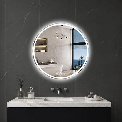 Round LED Bathroom Mirror, 20 Inch, HD Shatterproof Tempered Glass | Lighted Bathroom Mirror with Dimmable Lights Bathroom Mirror with Lights for Wall, 3 Color Temperatures