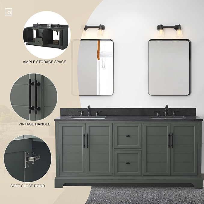 HOMEBEYOND 72 Inch Bathroom Vanity with Double Sink & Ceramic Top, Vanity Cabinet with Center Countertop Basin, Soft-Closing Doors, Backsplash, Vintage Green