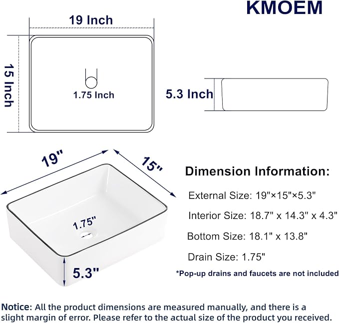 19"x15" Vessel Sink Bathroom Sink Rectangular Modern White with Black Trim Porcelain Ceramic Above Counter Vanity Sink for Bathrooms Art Basin