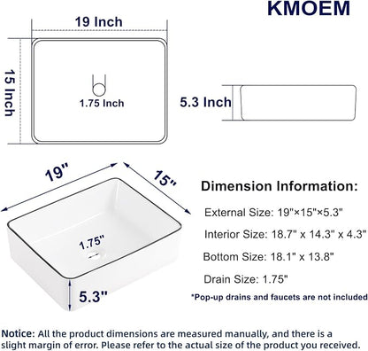 19"x15" Vessel Sink Bathroom Sink Rectangular Modern White with Black Trim Porcelain Ceramic Above Counter Vanity Sink for Bathrooms Art Basin